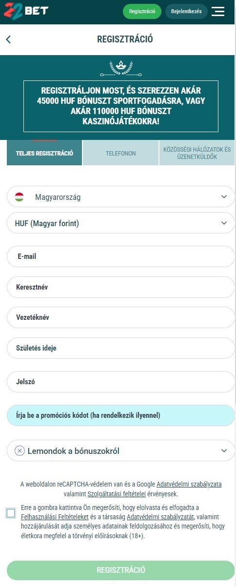 22Bet regisztrációs űrlap